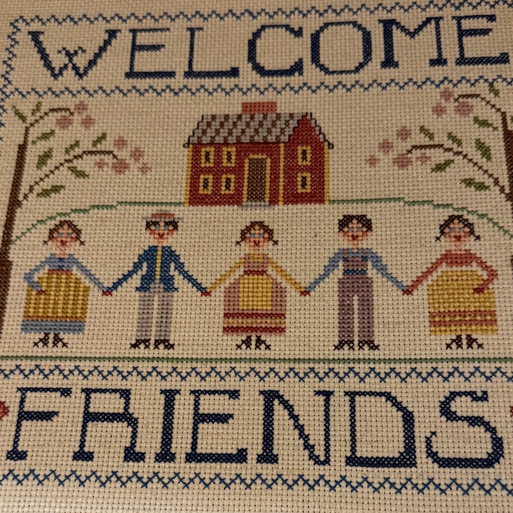 Welcome Friends Framed Needlework Wall Art - Blue and Cream - Picture 6 of 9